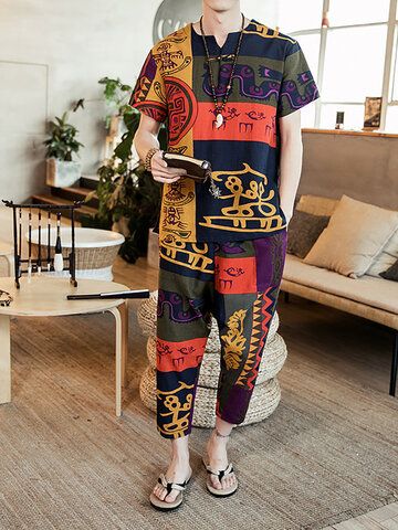 Flower Elephant, Incerun Men, Fashion City, Cool Sleeves, Retro Shorts, Streetwear Men, Man Set, Ethnic Print, Linen Set