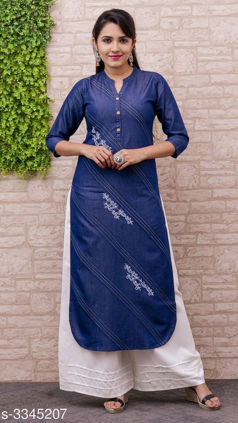 Denim kurti set ₹935/- free COD WhatsApp +919730930485 Denim Kurti, Plain Kurti Designs, Silk Kurti Designs, Salwar Neck Designs, Indian Kurti Designs, Kurti Sleeves Design, New Kurti Designs, Designing Ideas, Simple Kurta Designs