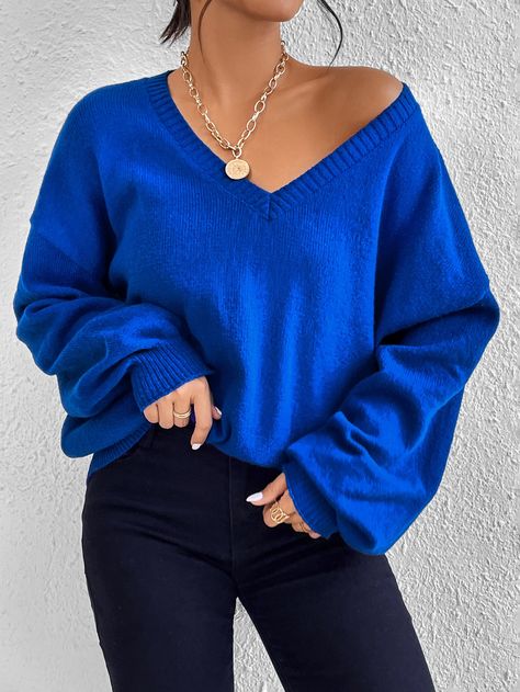 SHEIN Essnce V Neck Drop Shoulder SweaterI discovered amazing products on SHEIN.com, come check them out! Royal Blue Outfits, Drop Shoulder Sweaters, Plus Size Sweaters, Blue Outfit, Blue Sweater, Lantern Sleeves, Knitwear Women, Blue Sweaters, Plus Clothing