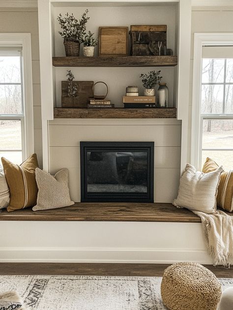 🔥 Cozy Farmhouse Fireplace Ideas You’ll Love! 🏡✨ - Tiny Home Fireplace Ideas, Propane Fireplace Indoor Farmhouse, Fireplace Sitting Area Cozy, Modern Farmhouse Fireplace Ideas, Fireplace With Bench, Modern Farmhouse Mantle Decor, Modern Farmhouse Mantle, Farmhouse Fireplace Ideas, Modern Farmhouse Fireplace