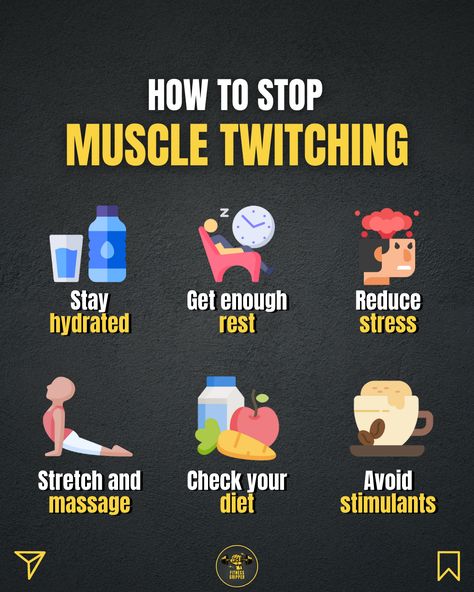 An infographic on how to stop muscle twitching. Vector content. Muscle Twitching Remedies, Muscle Twitching, Sciatica Pain Relief, Sciatica Pain, Preventative Health, Staying Hydrated, Back Pain Exercises, Nerve Pain, Muscle Pain