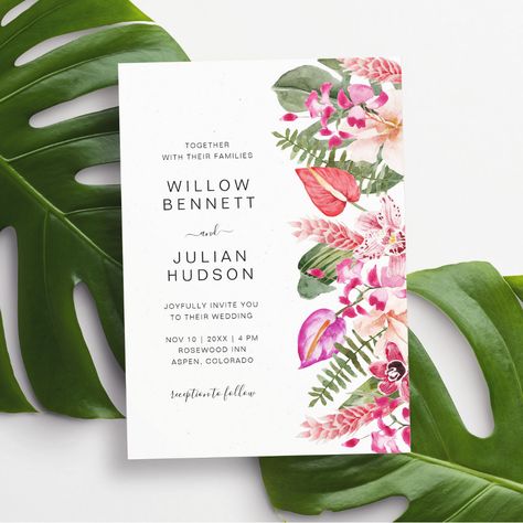 Modern Bright Tropical Wedding, Tropical Theme Wedding Invitations, Tropical Color Wedding, Hawaiian Wedding Color Palette, Hawaiian Wedding Colors, Modern Tropical Wedding Invitations, Tropical Wedding Invite, Tropical Wedding Colors Palette, Tropical Wedding Invites