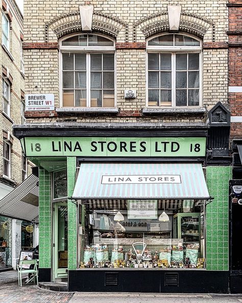 A pretty green shopfront in Soho, London. Click through for more pictures on A Lady in London’s Instagram. #soho #london #shopfronts Lina Stores London, Lina Stores, Soho London Restaurant, London Culture, Best Places In London, Soho Restaurants, London Shops, London Soho, I Love London