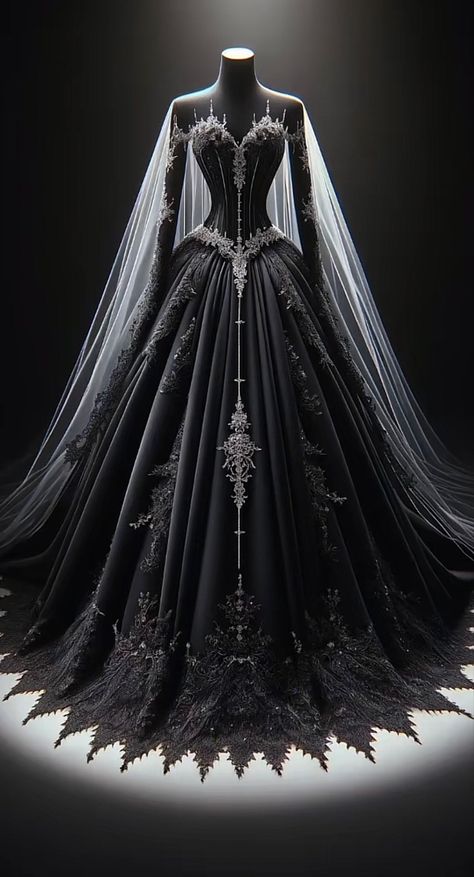 Gothic Ball Gown Victorian, Black Wedding Gowns Classy, Black Royal Gown, Black Ball Gown Aesthetic, Dark Fantasy Wedding Dress, Black Long Sleeve Wedding Dress, Mafia Wedding Dress, Dark Wedding Dresses, Unconventional Wedding Dress Color