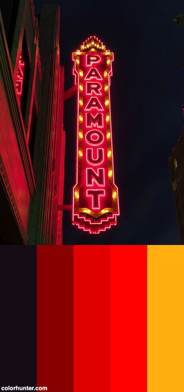 Neon Paramount Sign - Downtown Amarillo, Texas Color Scheme from colorhunter.com Neon Red Color Palette, Casino Color Palette, Texas Color Palette, Punk Color Palette, Circus Color Palette, Neon Palette, Neon Color Palette, Logo Color Inspiration, Neon Colour Palette