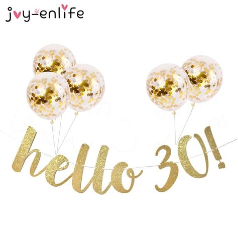 JOY-ENLIFE 1set Gold Glitter Hello 30 40 50 60! Celebration Birthday Party Banner Garland Hen Party Bachelorette Party Supplies Hello 30, 30th Birthday Party Decorations, Birthday Party Decorations For Adults, Gold Glitter Paper, Black And Gold Balloons, Birthday Garland, Balloon Shapes, Paper Banners, Adult Birthday Party