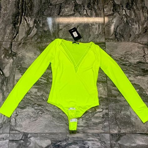 Neon Yellow Bodysuit Yellow Bodysuit, Fashion Nova Tops, Neck Strap, Long Sleeve Bodysuit, Neon Yellow, Snap Button, Fashion Nova, Neon, V Neck