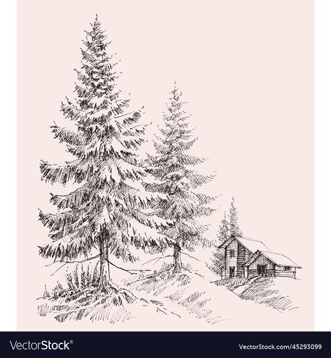 Pine Tree Reference Drawing, Mountain And Pine Tree Drawing, Pine Tree Pencil Sketch, Pine Tree Sketch, Pine Tree Pen Drawing, Pine Tree Digital Art, Alpine Landscape, Pine Tree Forest, City Christmas