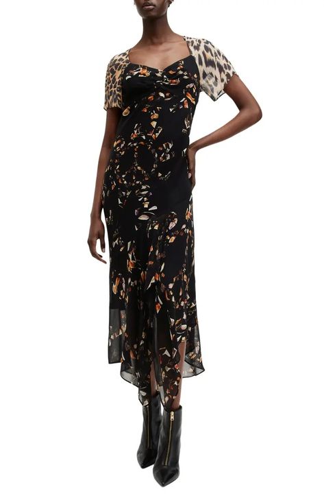 AllSaints Leah Print Maxi Dress | Nordstrom Maxi Design, Bridal Boots, Leopard Print Fabric, Dark Autumn, Athletic Dress, Evening Formal, Cashmere Coat, Casual Coat, Sweetheart Neck