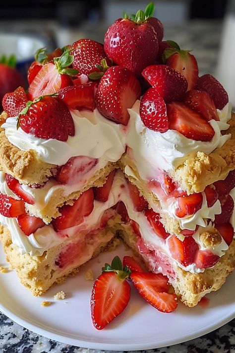 Classic Strawberry Shortcake Delight Fancy Strawberry Shortcake, Strawberry Cakes Birthday, Strawberry Dishes Recipe, Best Strawberry Shortcake Recipe, Strawberry Foods, Ideas For Dessert, Strawberries Shortcake, Fish Dessert, Moist Strawberry Cake