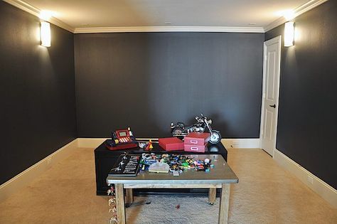 Playroom Paint Makeover | Iron Ore Sherwin-Williams Iron Ore Media Room, Iron Ore Basement, Iron Ore Room, Hangout Basement, Media Room Colors, Sherwin Williams Iron Ore, Iron Ore Sherwin Williams, Playroom Paint, Media Room Paint Colors