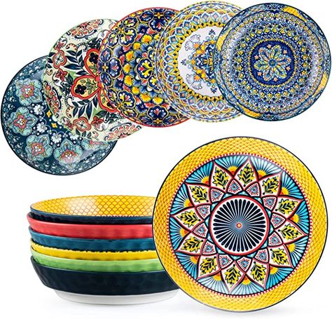 Amazon.com | HENXFEN LEAD Pasta Salad Bowls Set of 6, Wide and Shallow Serving Dishes 27 Oz - 8 Inch Porcelain Deep Soup Plates for Dinner, Kitchen and Eating - Bohemian style: Pasta Bowls Glazing Ceramics, Mini Casseroles, Plates And Bowls Set, Pasta Plates, Pasta Bowl Set, Soup Bowl Set, Salad Bowls Set, Dinner Bowls, Soup Plating