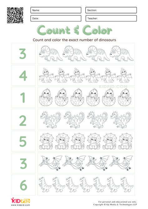 Count & Color Dinosaur Worksheets for Kids Preschool Dinosaur Worksheets, Dinosaur Worksheets, Dinosaur Activities Preschool, Pre K Worksheets, Dino Theme, Learning To Count, Dinosaurs Preschool, Sensory Tools, Dinosaur Activities