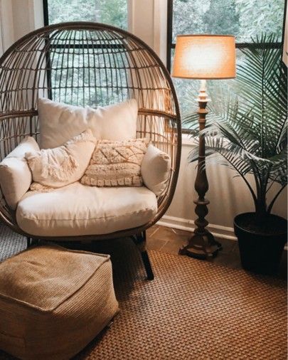 Basket Chair Living Room, Egg Chair With Ottoman, Hanging Chair Reading Nook, Wicker Egg Chair Living Room, Egg Chair Decoration Ideas, Egg Chair Living Room, Boho Floor Lamp, Yoga Corner, Nest Chair