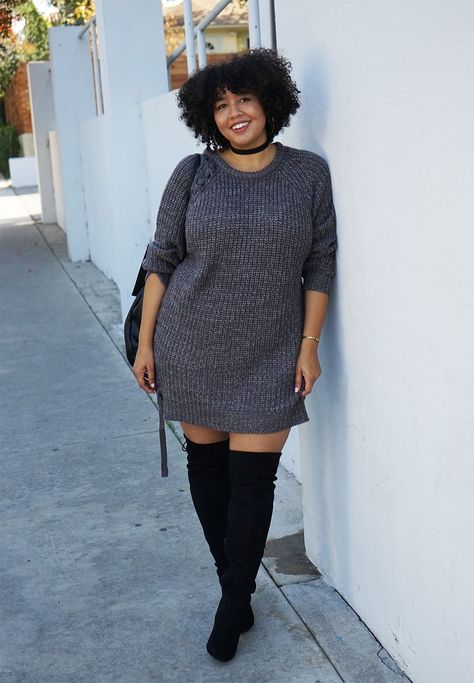 sweater dress and over-the-knee boots--i feel like you could really rock over-the-knee boots September Outfits, Bota Over, Transition Outfits, Party Kleidung, Big Girl Fashion, Womens Fashion Edgy, Plus Size Fashion For Women, Thanksgiving Outfit, Curvy Girl Outfits