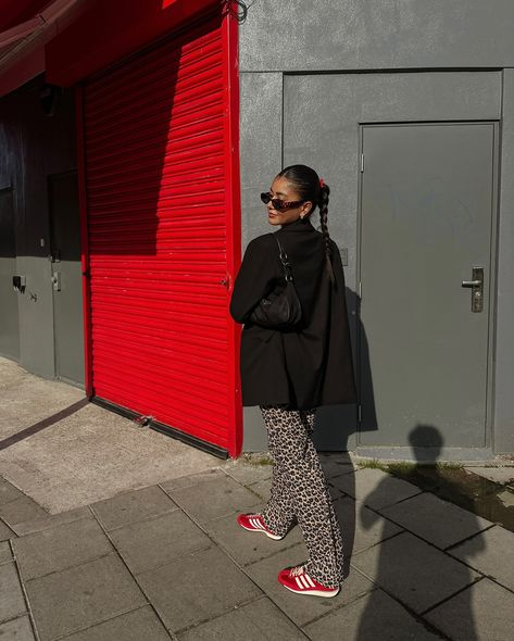 🐆 help, i have not stopped wearing these trainers 👟♥️ . . . . #dailyoutfit #ootdgals #adidassneakers #adidassl72 #leopardprinteverything #vestairecollective #trendsxmb #howtowear #streetstyle_daily | leopard print trousers, adidas originals sl72, pop of red outfit, street style london, ootd, daily outfit, fashion inspo Red Sambas Outfit, Red Trainers Outfit, Pop Of Red Outfit, Red Adidas Outfit, Red Sneakers Outfit, London Ootd, Adidas Gazelle Outfit, Winter Sneakers Outfit, Runners Outfit