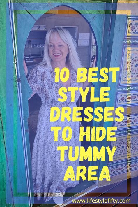 Are you tired of feeling self-conscious about your tummy area when you dress up? Look no further! Our latest blog post highlights the best style dresses to hide tummy bulge and accentuate your best features. Don't miss out on these expert tips and tricks. Read now and feel confident in any outfit! Outfits Tummy Hide, Dress Coverup Ideas Casual, Flattering Dress For Big Tummy, How To Dress A Menopausal Belly, Tummy Concealing Outfits, Styles To Hide Your Big Tummy, Big Tummy Outfits For Women, Stomach Pooch, Hiding Pregnancy