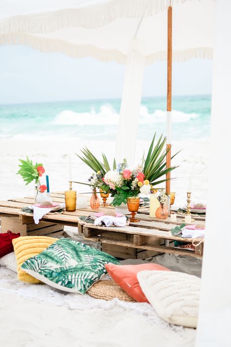 Tropical themed birthday picnic on Pensacola beach Tropical Picnic, Luxury Picnic, Birthday Picnic, Tropical Boho, Boho Beach Wedding, Pensacola Beach, Beach Picnic, Gulf Coast, Boho Beach