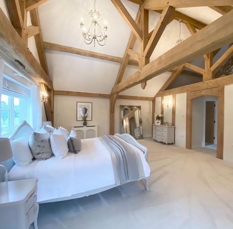 Barn Conversion Bedroom, Barn House Conversion, Barn Conversion Interiors, Beams Living Room, Barn Bedrooms, Barn House Interior, Oak Framed Buildings, Slow Sunday, Oak Bedroom