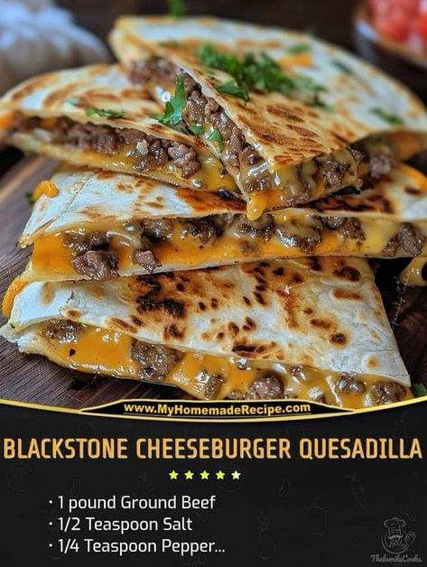 Blackstone Cheeseburger Quesadilla 🍔🧀 Ingredients: 1 pound Ground Beef 1/2 Teaspoon Salt 1/4 Teaspoon Pepper 1/4 cup Dill Pickles, chopped 4 Burrito Size Tortillas (10-inch tortillas) 2 cups Cheddar Cheese, shredded For the Special Sauce: 1/2 cup Mayonnaise 2 Tablespoons Ketchup 2 Tablespoons Minced Pickles 1 Tablespoon Minced Onion 2 Teaspoons White Vinegar Directions: Preheat your Blackstone Grill over medium-high heat, reaching approximately 400 degrees F. Begin by browning the ground beef on the Blackstone grill until it’s no longer pink and achieves a rich, golden brown color. Season the beef with salt and pepper to taste. While the beef is cooking, prepare the special sauce by combining mayonnaise, ketchup, minced pickles, minced onion, and white vinegar in a mixing bowl. Stir unti Blackstone Cheeseburger Quesadilla, Ground Beef Recipes Blackstone, Blackstone Hamburger Meat Recipes, Blackstone Quesadilla Recipes, Blackstone Quesadilla, Blackstone Ground Beef Recipes, Blackstone Cheeseburger, Cheeseburger Quesadilla, Hamburger Casseroles