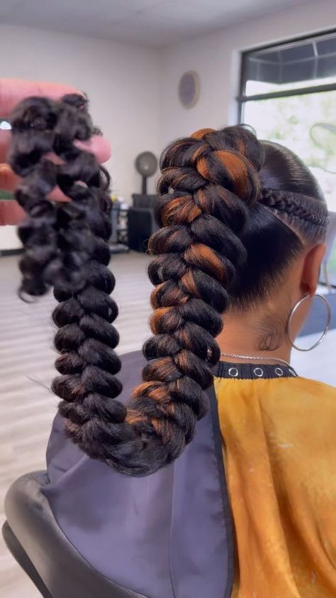 ExcellentHairstylist on Reels | Faux Braided Ponytail, Phony Pony Hairstyles, Braids Up Into A Ponytail, One Braid Ponytail, Stitched Braids, Corn Braids, Barbie Hairstyles, Butterfly Braids, Hair Sleek