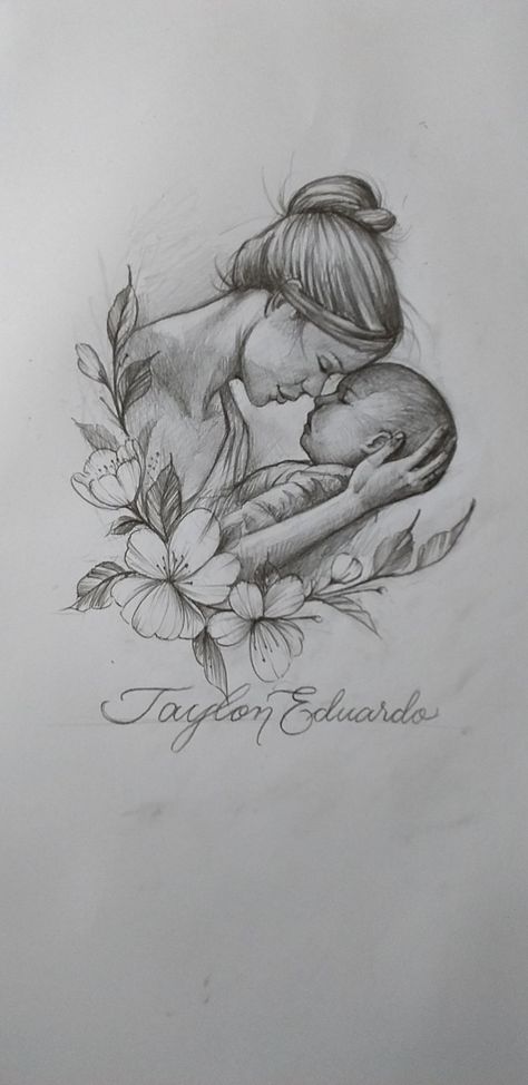 Tattoo Sleeve For Daughter, Sketch Of Mother And Daughter, Protective Mom Tattoo, Mom And Son Sketch, Mom Son Tattoo Design, Mother Daughter Sketch Pencil, Mother And Daughter Sketch, Mother Holding Baby Tattoo, Mom Holding Baby Tattoo