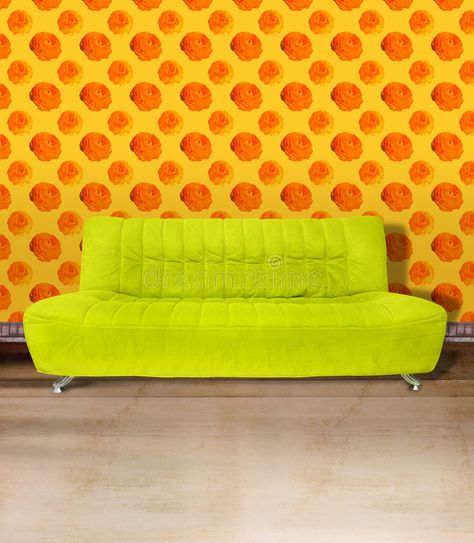 Lime Green Couch, Brown Concrete Floor, Tiny Apartment Decorating, Brown Concrete, Flower Orange, Green Couch, Aesthetic Living Room, Flower Stock, Orange Decor