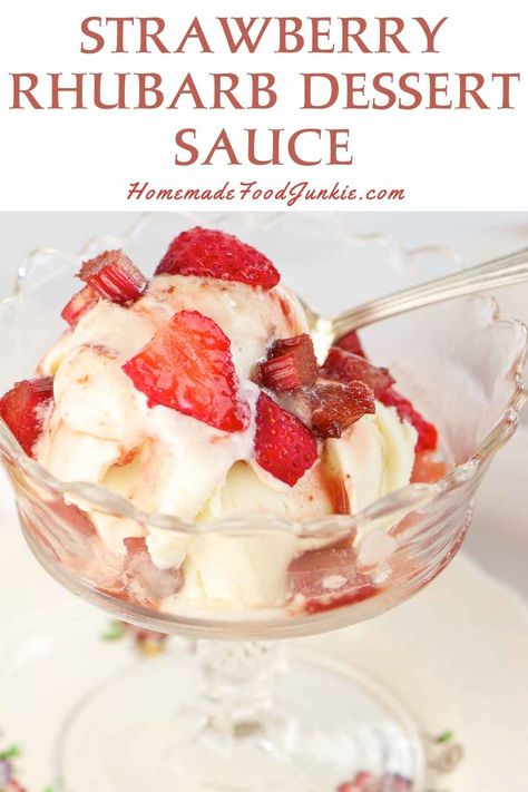 strawberry rhubarb dessert sauce-pin image Strawberry Rhubarb Cheesecake Recipes, Strawberry Rhubarb Sauce, Rhubarb Sauce, Rhubarb Desserts, Strawberry Sauce, Dessert Sauces, Rhubarb Recipes, Strawberry Rhubarb, Ice Cream Toppings