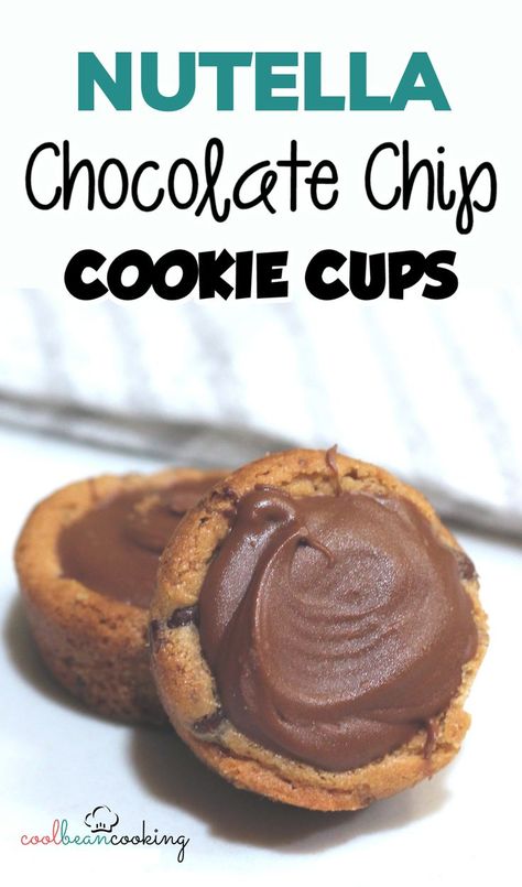 chocolate chip cookie cups filled with Nutella hazelnut spread Nutella Filled Cookies, Chocolate Cookie Cups, Nutella Chocolate Chip Cookies, Nutella Cookie, Chocolate Chip Cookie Cups, Make Chocolate Chip Cookies, Easy Sweets, Cookie Recipes Homemade, Dipped Cookies