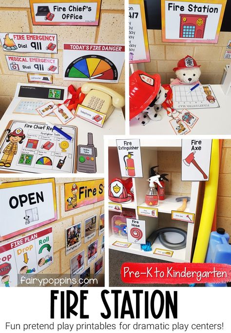 This fire station dramatic play center helps kids learn about fire safety and engage in pretend play. This pack includes printables for a fire station, fire chief's office, animal rescue and fire truck area. #firestation #firesafety #communityhelper #dramaticplay #pretendplay #dramaticplaycenter #pretendplaycenter #firestationdramaticplay #firestationpretendplay #preschool #prek #kindergarten #kidsplay #learnthroughplay #playideas Fire Sensory Play, Fire Station Dramatic Play, Firefighter Dramatic Play, Fireman Crafts, Community Helpers Activities, Fire Safety Preschool, Pretend Play Printables, Play Preschool, Fire Safety Week