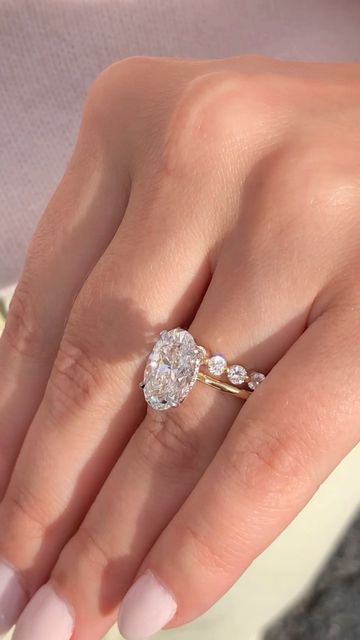 Eternity Ring With Oval Engagement Ring, Big Engagement Rings Oval, High Set Oval Engagement Ring, Big Oval Ring, Oval Shaped Diamond Rings, Big Oval Wedding Rings, Oval Cut Diamond Ring, Oval Engagement Ring And Band, Oval Solitaire With Wedding Band