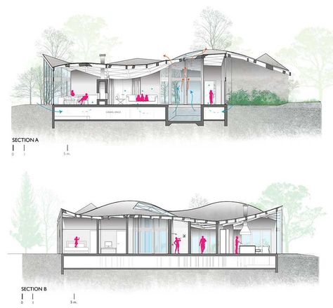 Section diagrams of a wood house with a curvy roof. Section Of Curved Building, Curvy Roof Architecture, Curvy Architecture Model, Curvy Buildings Architecture, Curved Roof House, Curve Roof Architecture, Section In Architecture, Curved Building Architecture, Roof Ideas Architecture Design