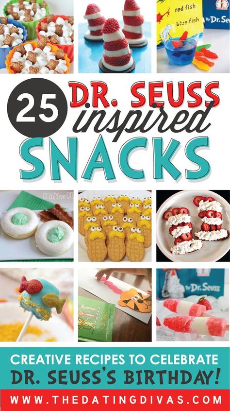 TONS of Dr. Seuss snack and treat ideas! Can’t wait to surprise my kids! Pinning this for Later!!! Dr Seuss Birthday Party Ideas Food, Dr Seuss Treats, Creative Snack Ideas, Dr. Suess, Dr Seuss Snacks, Doctor Suess Birthday, Dr Seuss Activities, Dr Seuss Crafts, Dr Seuss Birthday Party