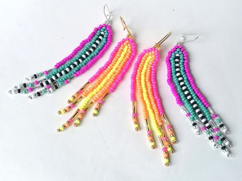 NEON COLORS beaded Earrings-Fringe Beaded Earrings-Seed bead Earrings-Beaded Earrings native-Neon Earrings-Sparkly earrings-Fringe earrings #neonearrings #neonjewelry #seedbeadearrings #fringebeadedearrings #bohobeadedearrings #fringeearrings #colorfulearrings Neon Fringe Earrings, Neon Earrings, Neon Jewelry, Miyuki Beads Pattern, Beads Pattern, Beaded Earrings Native, Earrings Ideas, Native American Beaded Earrings, Seed Bead Patterns