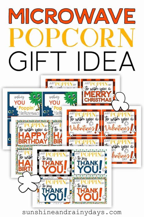 Transform a well loved snack into a gift, using festive printable microwave popcorn tags that you can print, right at home! Use the microwave popcorn gift idea alone or add it to a more substantial gift for those occasions you want to celebrate in a big way. Diy Microwave Popcorn, Popcorn Tags, Free Teacher Appreciation Printables, Popcorn Wrappers, Movie Basket Gift, Popcorn Labels, Birthday Popcorn, Microwave Popcorn Bag, Popcorn Packaging