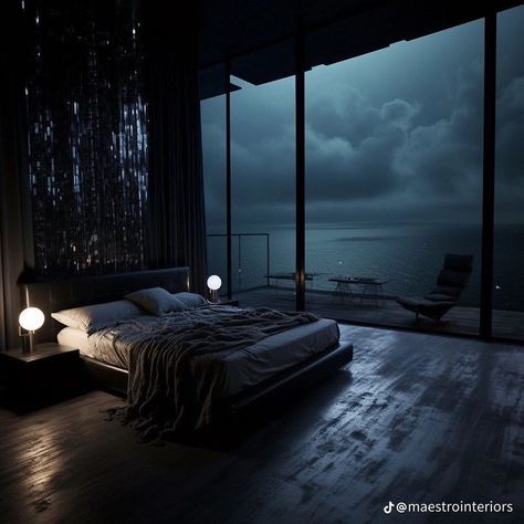 Black Bedroom Luxury, Dark House Aesthetic, Dark Modern House, Dark Bedroom Aesthetic, Dark Homes, Dark Vibes, Luxury Mansion, Black Rooms, Dark Modern