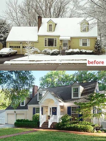 Centering the entryway and adding a gabled portico with dentil-molding cornice entirely revamped this colonial-era Cape Cod. Raised Ranch Remodel Exterior, Ranch Remodel Exterior, Raised Ranch Remodel, Dentil Molding, Architecture Renovation, House Before And After, House Makeovers, Ranch Remodel, Cottage Shabby Chic