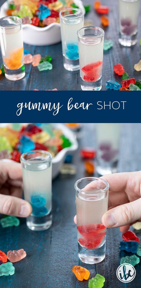 Gummy Bear Drink, Gummy Bear Shots, Fruity Shots, Signature Shots, Easy Shot Recipes, Vodka Gummy Bears, Shots Alcohol Recipes, Congo Bars, Alcohol Shots