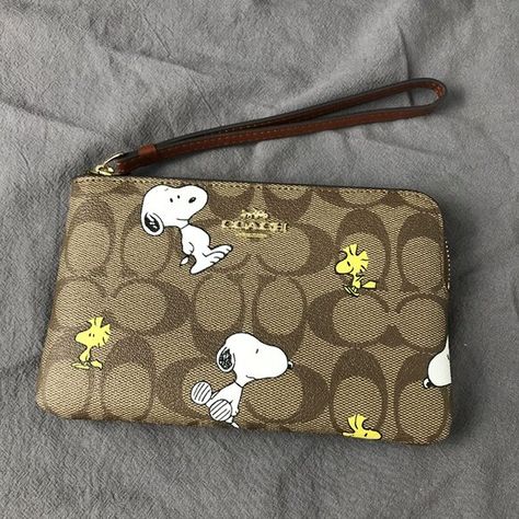 Coach X Peanuts Corner Zip Wristlet Wallet With Snoopy & Woodstock Coach Peanuts Collection, Snoopy Woodstock, Birthday Wishlist, Snoopy And Woodstock, Wristlet Wallet, Woodstock, Wrist Strap, Christmas List, Coach Handbags