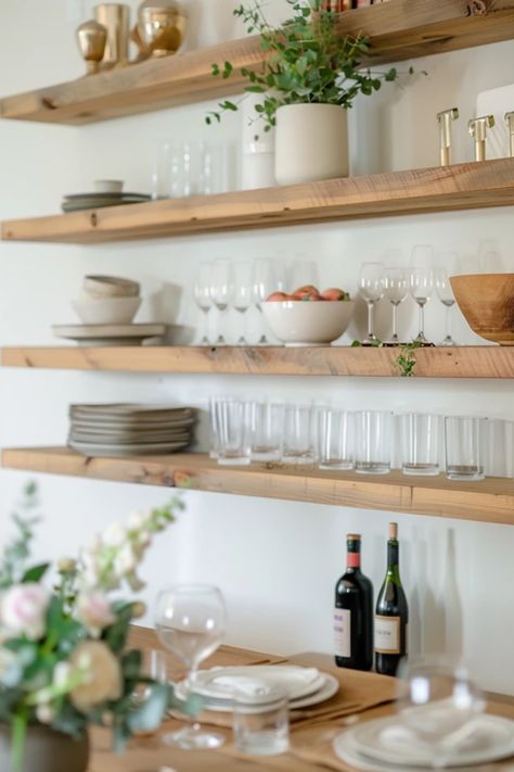 Looking to spice up your dining room? Check out these 5 creative ways to style your floating shelves! We have practical and chic ideas that will not only beautify your space but also show off your personality. From arranging decorative dishes to adding unique plants and artwork, these tips enhance your dining experience and create a welcoming atmosphere. Perfect for any decor style or gathering, get inspired to turn your empty walls into stylish showcases. Let your personality shine through with these fun floating shelf ideas! Kitchen Picture Ledge Ideas, Decorating Floating Shelves Kitchen, Floating Shelf Dining Room, Floating Shelves In Dining Room, Dining Room Shelf Decor, Dining Room Floating Shelves, Dining Room Shelf, Style Floating Shelves, Room Floating Shelves