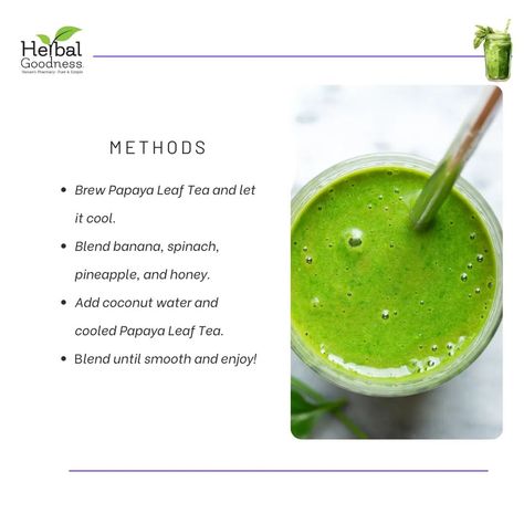 🌿 ITP-Friendly Recipe: Papaya Leaf Smoothie 🍹 Boost your platelet count naturally with this delicious Papaya Leaf Smoothie, perfect for supporting ITP patients! 💪 Ingredients: - 1 cup Papaya Leaf Tea (cooled) - 1 ripe banana 🍌 - 1/2 cup spinach 🌱 - 1/2 cup pineapple chunks 🍍 - 1 tbsp honey 🍯 (optional) - 1/2 cup coconut water 🥥 Instructions: 1. Brew Papaya Leaf Tea and let it cool. 2. Blend banana, spinach, pineapple, and honey. 3. Add coconut water and cooled Papaya Leaf Tea. 4. Blend unt... Papaya Leaf Tea, Papaya Leaf, Pineapple Chunks, Ripe Banana, Coconut Water, Papaya, 1 Cup, Spinach, Smoothie