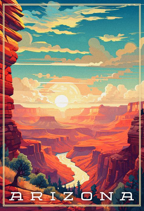 Grand Canyon Illustration, Grand Canyon Drawing, Grand Canyon Aesthetic, Canyon Drawing, Arizona Wallpaper, Grand Canyon Poster, Grand Canyon Art, Gran Canyon, Arizona Postcard