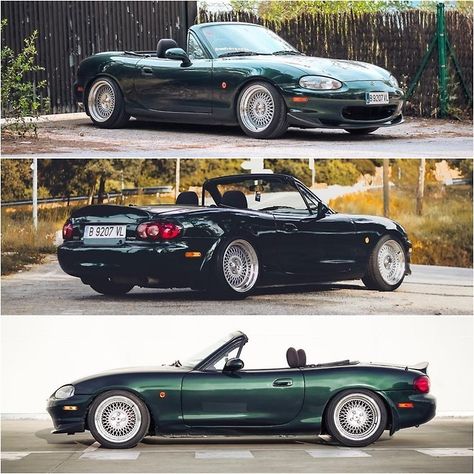 This NB MX-5 special edition looks very smart  in a mica green and BBR wheels. The lowered suspension is not part of the package.. Monster Miata, Miata Wheels, Nb Miata, Mx5 Mk1, Mx5 Nb, Mx5 Na, Mazda Roadster, Top Miata, Mx5 Miata