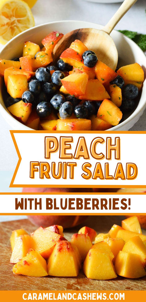 a bowl of blueberry peach fruit salad Peach Berry Fruit Salad, Peach And Blueberry Salad, Fruit Salad With Peaches, Peaches And Blueberries Recipes, Peach Blueberry Salad, Healthy Dinner Side Dishes, Peach Fruit Salad, Blueberry Fruit Salad, Peach Salad Dressing