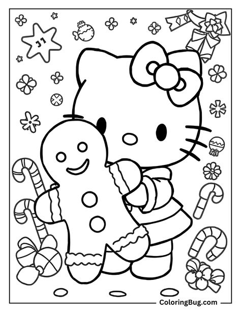 Hello Kitty Holding Big Gingerbread Man Coloring Page Hello Kitty Coloring Christmas, Coloring Book Pages Christmas, Winnie The Pooh Christmas Coloring Pages, Mario Christmas Coloring Pages, Gingerbread Girl Coloring Page, Christmas Drawing Printable, Cute Christmas Coloring Pages Aesthetic, Christmas Coloring Pages Simple, Giant Coloring Page