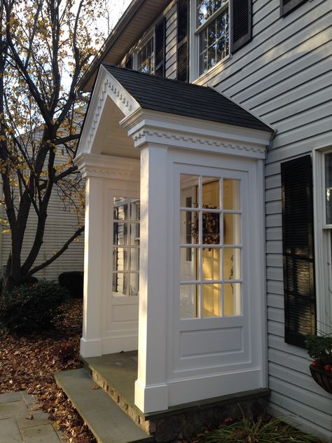 A-Frame Portico.  Great for Spring and Summer!! Enclosed Front Door Entrance, Extended Entryway Exterior, Small Portico Entry, Diy Portico Entry, Enclosed Portico Entry, Curved Portico, Cottage Portico, Front Portico Ideas, Ivy Pergola