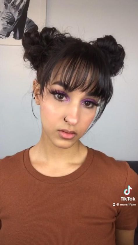 Space bun hairstyle with bangs. Haisrtyle, hairstyles, short hairstyles, curly hair, curly hairstyles, curly bangs, pink makeup, pink aesthetic, pretty girl, influencer, beauty guru Short Hairstyles Curly Hair, Short Hairstyles Curly, Space Bun Hairstyle, Makeup Pink Aesthetic, With Bangs Hairstyle, Bun With Bangs, Hairstyle With Bangs, Space Bun, Hair Clip Hairstyles