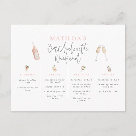 Watercolor drinks bachelorette weekend itinerary postcard | #elegant #modern #girly #script #pink #simple #bachelorette #bacheloretteweekend #bacheloretteitinerary #chic Simple Bachelorette, Watercolor Drinks, Itinerary Invitation, Bachelorette Weekend Itinerary, Bachelorette Itinerary, Hen Weekend, Bachelorette Party Planning, Bridal Bachelorette Party, Weekend Itinerary