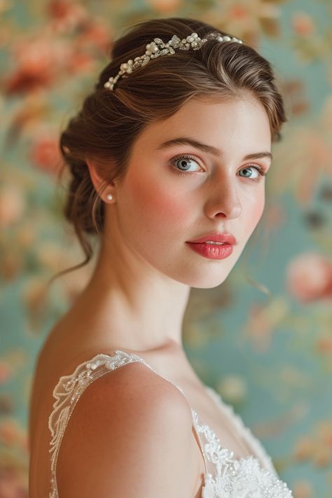 Make Up Bride Natural, Vintage Bridal Updo, Bridgerton Inspired Makeup, Bridal Hair Vintage, Vintage Bridal Makeup, Romantic Wedding Makeup, Wedding Makeup Vintage, Christian Bride, Classic Wedding Hair