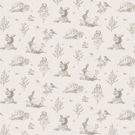 A whimsical woodland design featuring hedgehogs squirrels and rabbits among other insects and birds. Forest Friends Wallpaper, Unisex Nursery Wallpaper, Woodland Wallpaper Nursery, Stag Wallpaper, Wallpaper For Kids Room, Woodland Wallpaper, Rabbit Nursery, Scene Wallpaper, Whimsical Woodland